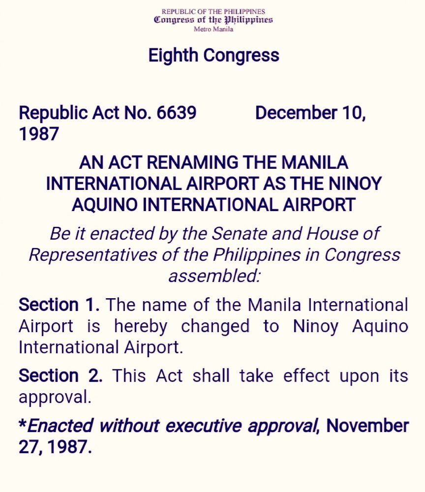 Darn, does this lawmaker even know that Republic Act No. 6639 NEVER STATED any reason why Manila International Airport was renamed to NAIA?
