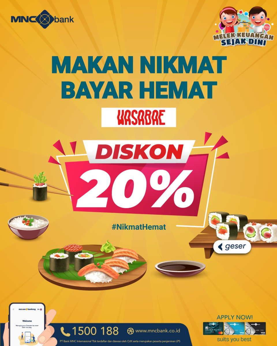 OfficialRCTI's tweet photo. YANG NIKMAT LAGI HEMAT!

Yuk kulineran citarasa otentik Jepang di WASABAE &amp; nikmati HEMAT 20% dgn Kartu Kredit MNC Bank sesuai ketentuan.

☎️ 1500188 | https://t.co/CYeSvhpBUP

#MNCBank #trulyyou #Wasabae #NikmatHemat https://t.co/PjsPRNB3Gt