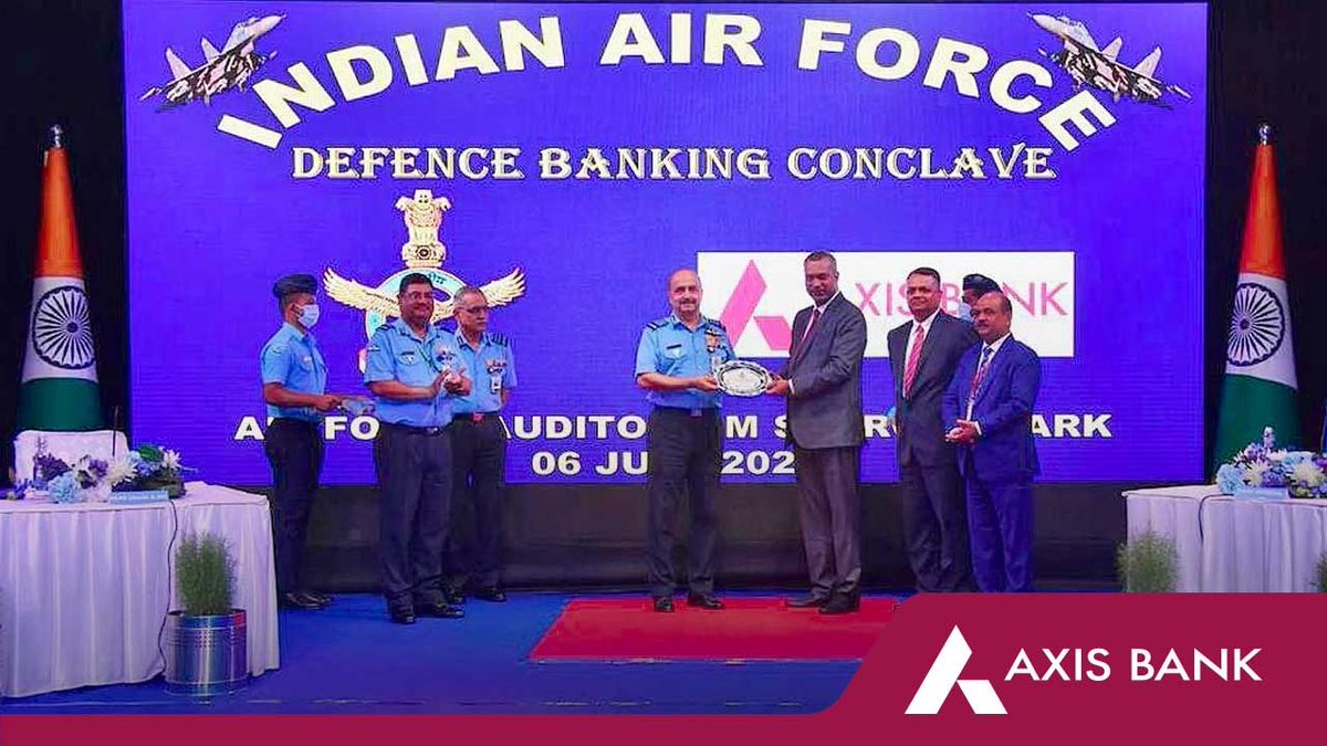 AxisBank's tweet photo. We are proud to be partners to the guardians of our skies, the @IAF_MCC. Thrilled to sign an MOU offering Defence Service salary package with best-in-class benefits under our “Power Salute” Initiative. The MOU was signed in the presence of Air Chief Marshal V R Chaudhari. https://t.co/lkpHiL3GB6