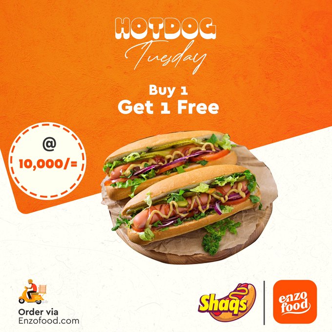 shaqs_ug's tweet photo. Look, We can’t promise you (10.000) , but you can get a FREE HOTDOG 😋buy 1 get 1 FREE Order now to enjoy via https://t.co/LrtAZX7DVG Or call 0709333336. https://t.co/t42U5PnTT2