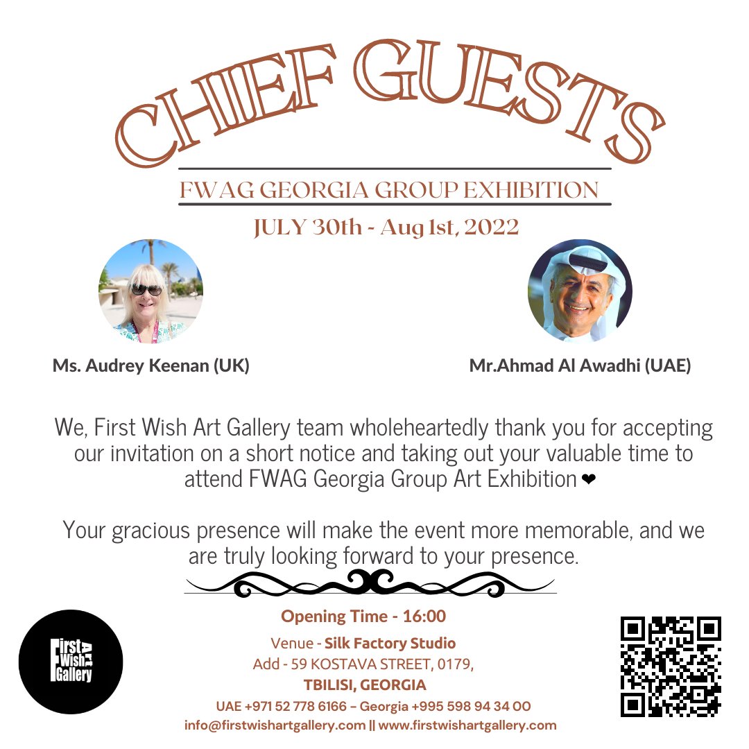 firstwishartgal's tweet photo. We, First Wish Art Gallery team wholeheartedly #ThankYou for accepting our #invitation as our Chief Guests. Your gracious presence will make the event more memorable.
#SaveTheDate 👉 July 30th - Aug 1st, 2022
Venue 📍 Silk Factory Studio, Tbilisi, Georgia 🇬🇪

@AngelHealingArt https://t.co/G2wtFw6zxo