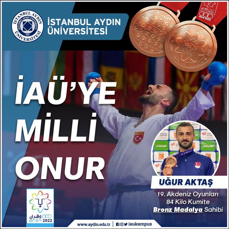 🥋19.Akdeniz Oyunları’nda ülkemizi temsil eden öğrencimiz, milli sporcu Uğur Aktaş, 84 kilo Kumite Karatede  bronz madalya kazanarak hem ülkemize hem de İAÜ ailesine büyük sevinç ve gurur yaşattı. 

👏🏻 Kendisini kutluyor, emeği geçen herkesi tebrik ediyoruz.

#Oran2022