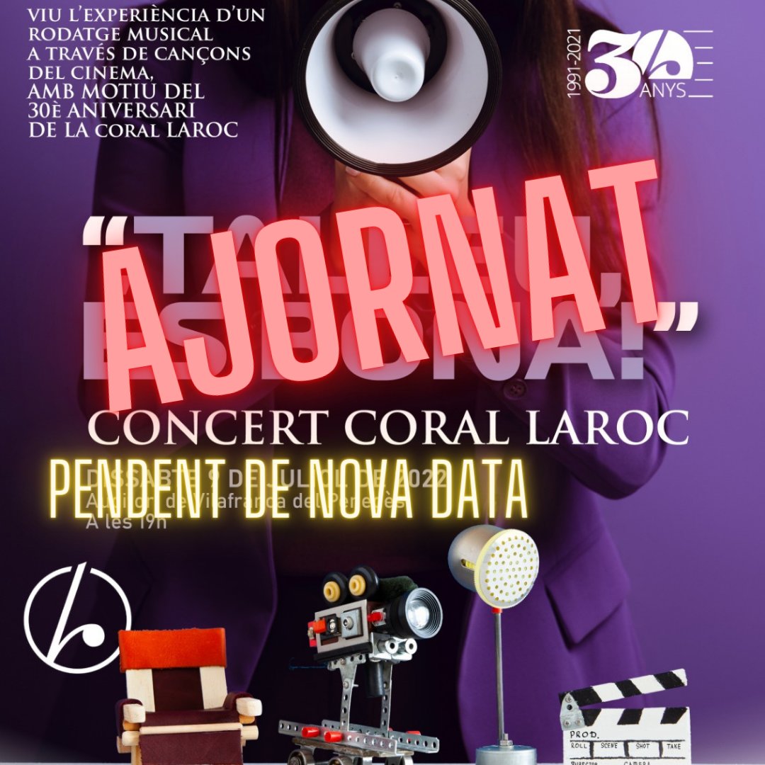 Degut a l'evolució dels contagis de la darrera onada de Covid, considerem oportú ajornar el concert del 9 de juliol a l'Auditori de Vilafranca. 
Properament anunciarem la nova data.
Per la devolució d'entrades escriviu a coral@laroc.cat
#CoralLaroc #tornarem #tornaremmésforts