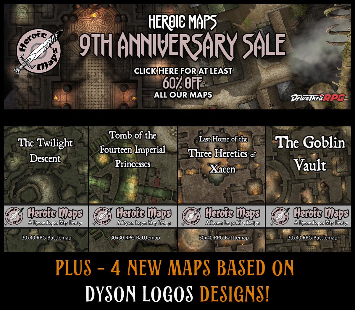 It's our 9th Birthday sale at <a href="/DriveThruRPG/">DriveThruRPG</a> !

We've got at least 60% off all our maps! (and there's over 900 to choose from!)

drivethrurpg.com/browse/pub/537…