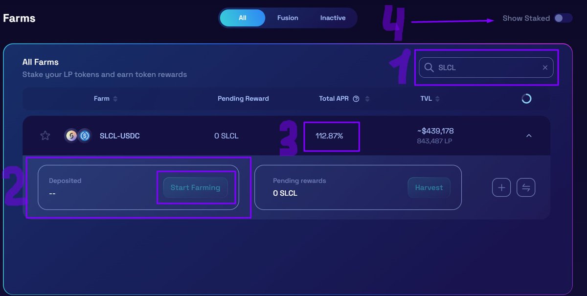 MISHYN6's tweet photo. First:  type SLCS and you can find SLCL-USDC.
Second: type amount of tokens you want to stake in farm. And press button "Start Farming".
Third: You can see total APR. Now it is 112%
Fourth: see your staked tokens https://t.co/rQgpXa1Bqh