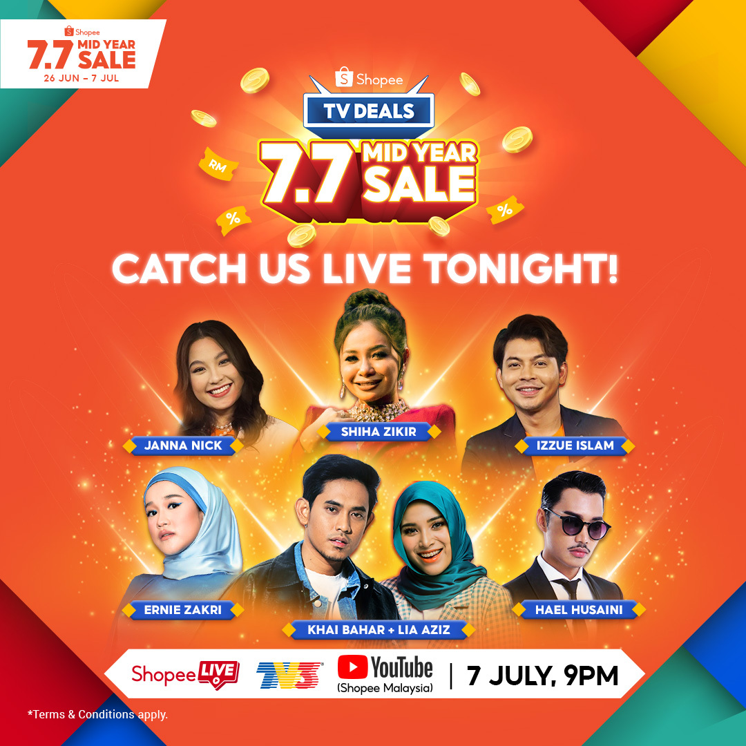 ShopeeMY's tweet photo. Shopee TV Deals 7.7 Mid Year Sale TV Show is happening tonight at 9PM! Have you set your reminder to catch the amazing performances, deals &amp; games? 🥳 Click to set it now if you haven’t: https://t.co/5AJpNvUeAf

#ShopeeMY #ShopeeMY77 https://t.co/c0OtzFY6Ya