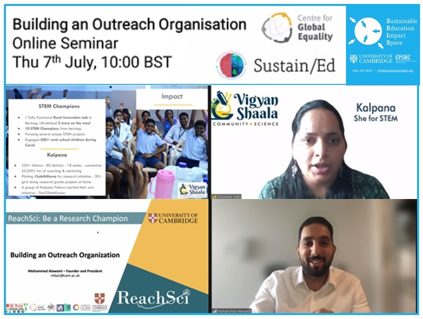 CGlobalEquality's tweet photo. What an inspiring seminar on building STEM outreach organisations globally by @DrDarshanaJoshi from @VigyanShaala and @MDAlawami from @ReachSci.
Congratulations to @Stuart_MacP for organising these seminars for SEIS
@CGlobalEquality @CamUniEngage @SustainEd_UK https://t.co/vmUfnkikgs