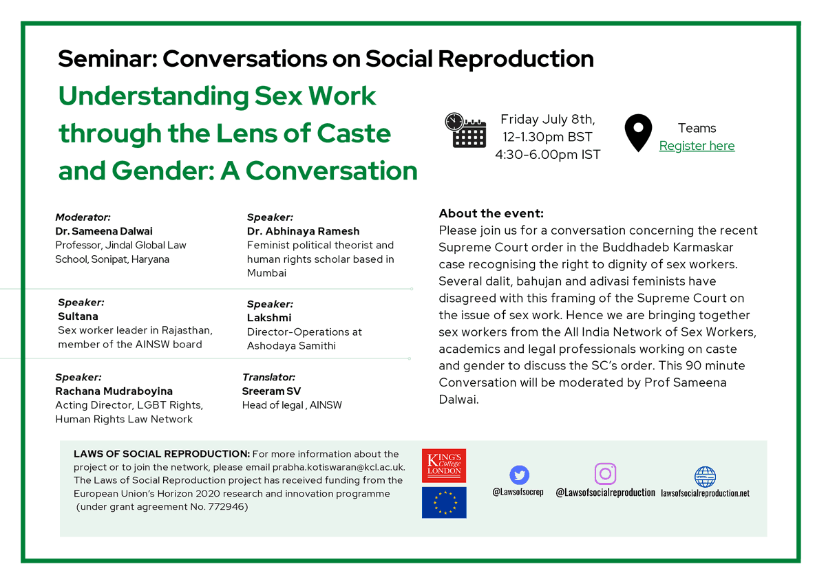AINSW_INDIA's tweet photo. Join us in conversation to understand #SexWork through the lens of #Caste and #Gender, Friday 8th July.
#SupremeCourtOrder
#RightToLiveWithDignity
#SexWorkIsWork https://t.co/gHOoWpI7Fe
