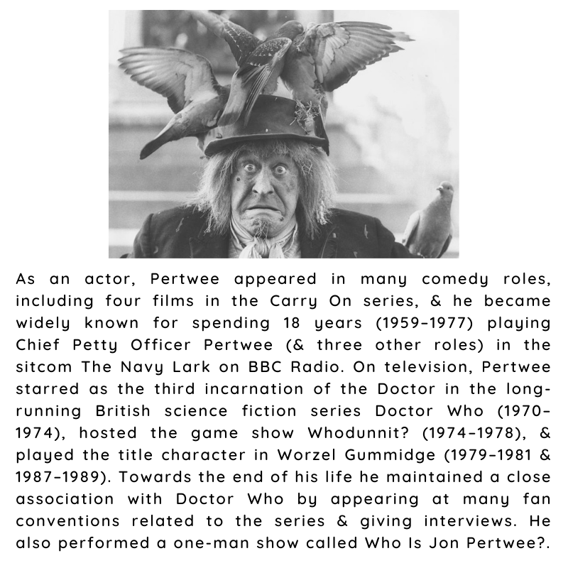 BritishHistorym's tweet photo. #otd 7 July 1919 – Jon Pertwee, English actor was born (d. 1996)
#johnpertwee https://t.co/RK2u9h4P7v