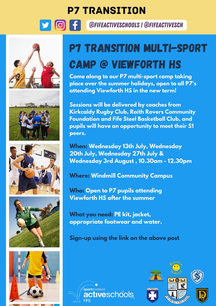 ☀️ | P7 Transition Multi-Sport Camp

Free multi-sport sessions for P7 pupils attending <a href="/ViewforthHS/">Viewforth High School</a> after the summer 🏀⚽️🏉

Find further details below ⬇️

Sign-up at the following link ➡️ forms.office.com/r/2ce3171bPG

<a href="/pathheadprimary/">Pathhead Primary & Nursery</a> <a href="/North_Primary/">Kirkcaldy North PS</a> <a href="/SinclairtownP/">SinclairtownPS</a> <a href="/dysart_ps/">Dysart Primary</a>