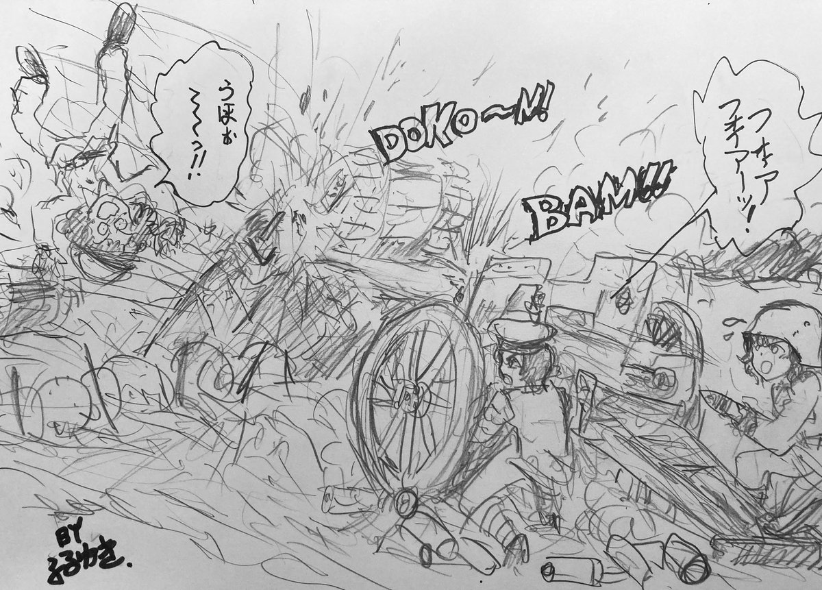 7月7日なので第一次世界大戦末期に西部戦線にて77ミリ野砲で多数の英軍戦車を撃破して「フレスキエルの砲手」という伝説になった兵士を…
砲手は小島エミ、装填手は赤星小梅、マークⅣの乗員はラムで描きました。
