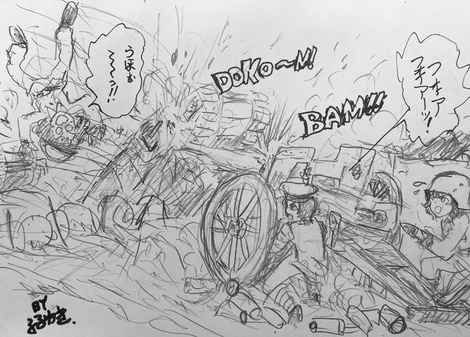 7月7日なので第一次世界大戦末期に西部戦線にて77ミリ野砲で多数の英軍戦車を撃破して「フレスキエルの砲手」という伝説になった兵士を…
砲手は小島エミ、装填手は赤星小梅、マークⅣの乗員はラムで描きました。 