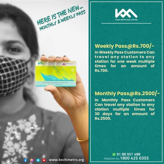 MetroRailKochi's tweet photo. Kochi Metro introduced new weekly and monthly passes with a cost of ₹700 and ₹2500 respectively. In these passes, commuters can travel from any station to any station multiple times. 
Kochi Metro introduced this offer to benefit all Kochi Metro commuters.

Helpline: 18004250355 https://t.co/qJJSgbID1e