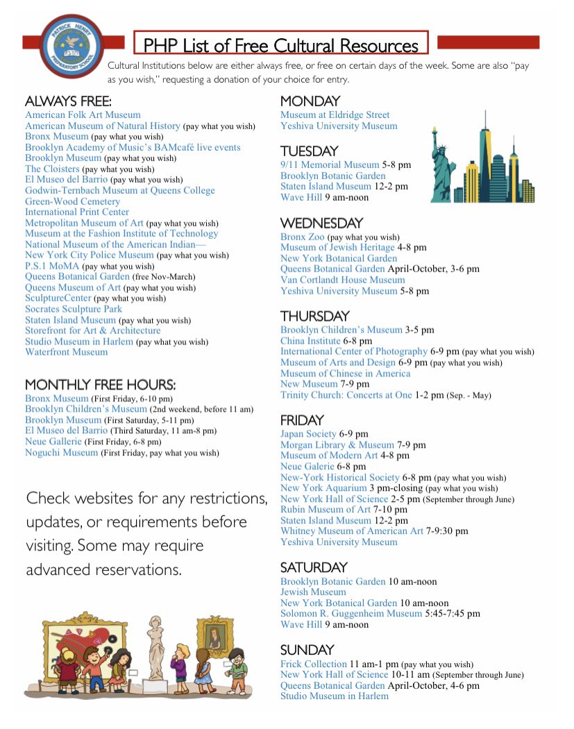 Dr. Kristy De La Cruz (@kristydelacru15) on Twitter photo Check out this list of FREE cultural resources in the NYC area…special thanks to <a href="/phprepnyc/">PS/IS 171 Patrick Henry Prep</a> for sharing with the community 🌀 #StrongerTogether2022 <a href="/cec4eastharlem/">@cec4EastHarlem</a> <a href="/NYCSchools/">NYC Public Schools</a> Check out this list of FREE cultural resources in the NYC area…special thanks to <a href="/phprepnyc/">PS/IS 171 Patrick Henry Prep</a> for sharing with the community 🌀 #StrongerTogether2022 <a href="/cec4eastharlem/">@cec4EastHarlem</a> <a href="/NYCSchools/">NYC Public Schools</a>
