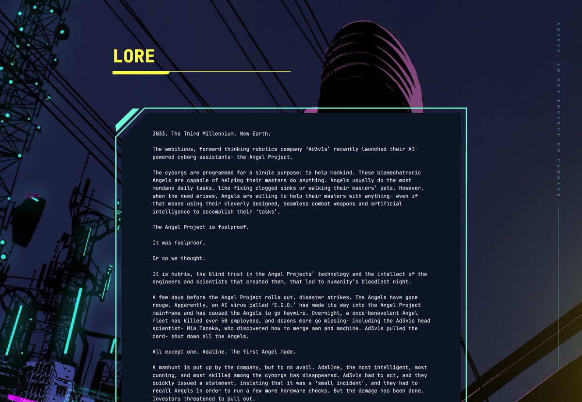 If you haven't read the story yet, head over to our site:

ad3v1s.com/lore

#Ad3v1s #NFT #Cardano #CNFT