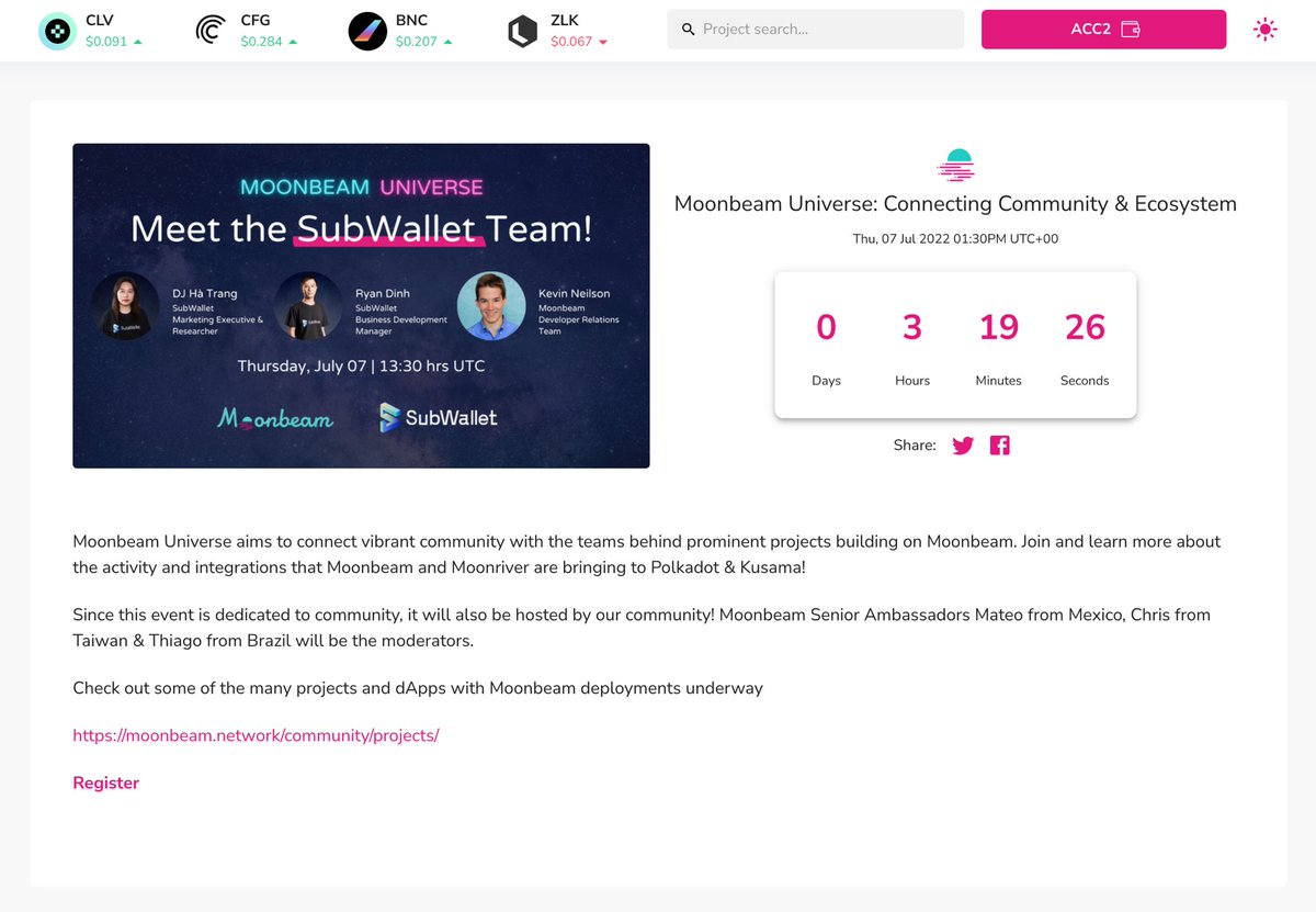 DotMarketCap's tweet photo. #DMCEvents
Don’t miss the next session of Moonbeam Universe with @subwalletapp team to learn more about SubWallet & the integration with @MoonbeamNetwork!
Check https://t.co/CgEPUgKnDg for more information. https://t.co/179rrAYSNk
