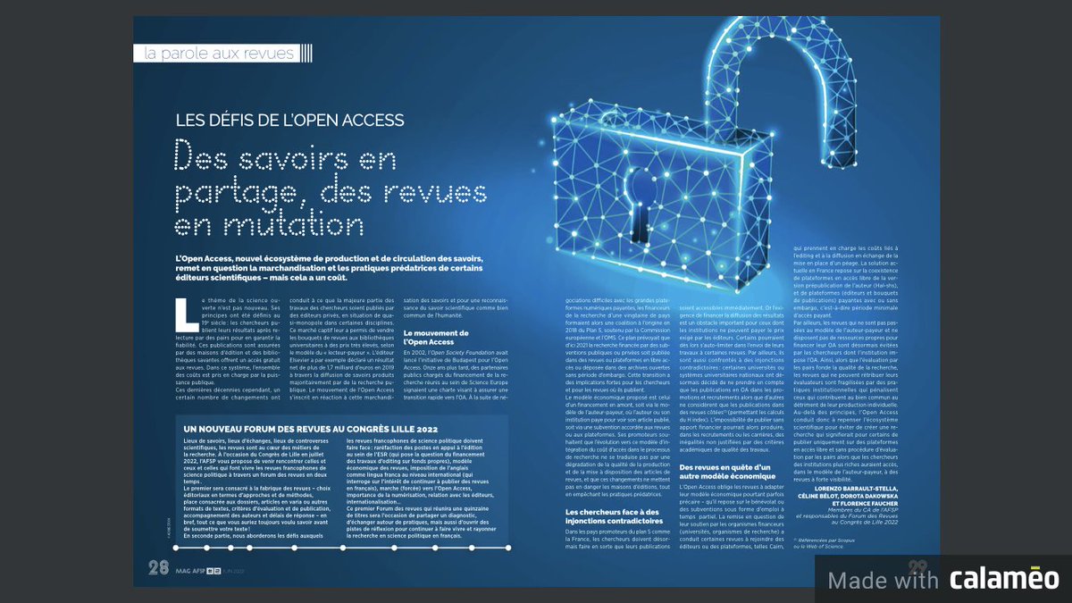 afspinfos's tweet photo. Deuxième partie du #ForumDesRevues au congrès #AFSP2022 sur l’#openaccess : quelles opportunités, quelles menaces, quels positionnements, quelles adaptations ?
Un débat en écho à l’article du dernier numéro du #MagAFSP 

#sciencepolitique #SHS https://t.co/dxDLQb0auO