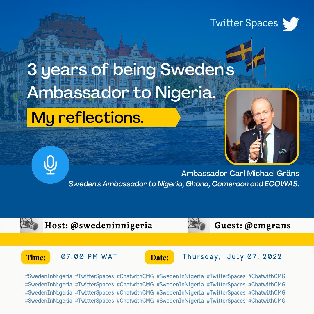 eet_foundation's tweet photo. We are going to @SwedeninNigeria's upcoming Space to #ChatWithCMG.
Will you join too?
Click the link below to set a reminder!
https://t.co/TYlWC17S32
#SwedenInNigeria #TwitterSpaces #ChatWithCMG https://t.co/YJ6nIJi3lO