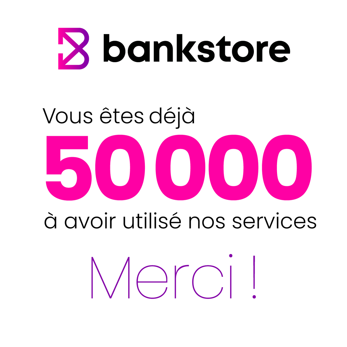 Incroyable, vous êtes déjà 50 000 à avoir découvert Bankstore.
La team Bankstore vous remercie 50 000 fois 🙏 et nous sommes ravis de pouvoir vous fournir un service inédit !

C'est un plaisir et une fierté de vous satisfaire au quotidien.

#50000 #merci #bankstars