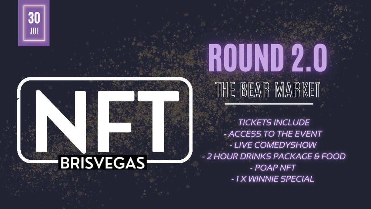 NFTBrisvegas's tweet photo. What do you get if you put a bunch of Aussie Degens in a room, add a live comedy show, speed dating and a 2 hour drinks package?? 

An unforgettable NFT event! 

 23 Days and counting until Round 2.0! 

🎟️⬇️
https://t.co/BmKIYkz1Dr

#NFTBrisVegas #NFT #events #Brisbane https://t.co/gB5uH5Wc1q