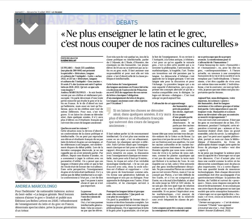 RomainAltazin's tweet photo. "Ne plus enseigner le latin et le grec, c'est nous couper de nos racines culturelles" de @AndreaMarcolongo 
Il est temps que la France se réveille.. 🇫🇷 https://t.co/bzHIwo2bNL