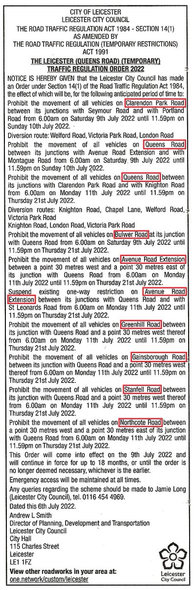 QUEENS ROAD PLANING &amp; SURFACING - REMINDER

<a href="/Leicester_News/">Leicester City Council</a>'s temp road closures, diversions &amp; changes to 1-way systems, 9-21 July will directly affect:
- Clarendon Park Rd
- Queens Rd
- Bulwer Rd
- Avenue Rd Ext
- Greenhill Rd
- Gainsborough Rd
- Stanfell Rd
- Northcote Rd

#FCP