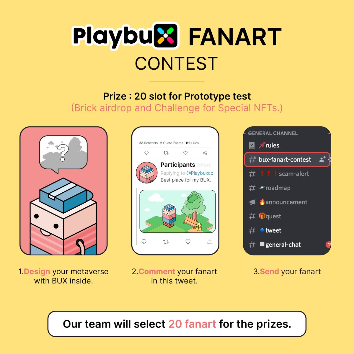 playbuxco's tweet photo. Playbux Fanart Contest 
Prize : 20 slots for prototype testing

size 1920x1080
🗓END on July 11, 2022 
⏰ 11 AM UTC 

The selected fanart will be used in the loading screen and credited to you. 
Remember include hashtag #playbuxfanart 
in your comment.

#NFTs #BinanceLabs #fanart https://t.co/dJiXzoqFGf