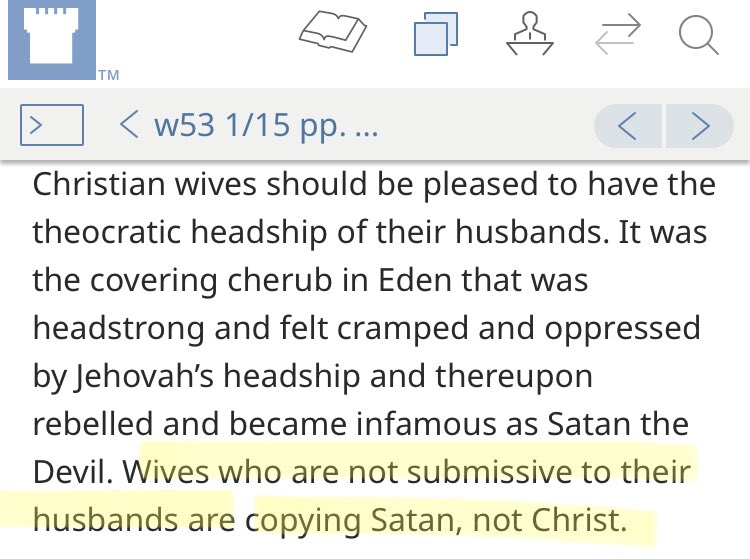 Larchwood20's tweet photo. Wives, if you’re not submissive to your husbands you are copying SATAN. -Watchtower, January 15, 1953 https://t.co/knWGhQ9umb