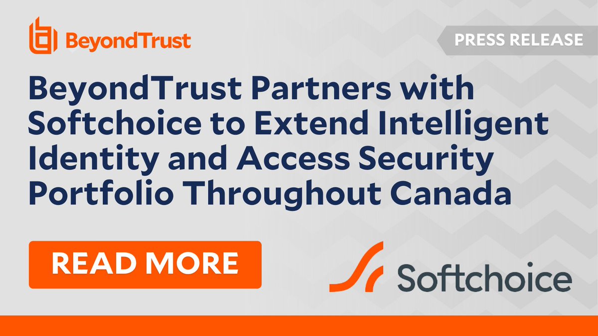 BeyondTrust's tweet photo. PRESS RELEASE: BeyondTrust Partners with @Softchoice to Extend Intelligent Identity and Access Security Portfolio Throughout Canada.
Read full press release:
https://t.co/EIS6MS4bVl
#Softchoice #BeyondTrust #Partnership #Canada #PressRelease #Cybersecurity #PartnerNetwork https://t.co/gmYjb4kEEP