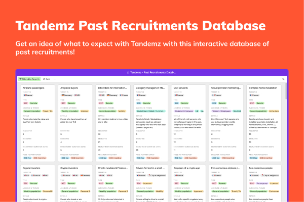 "But, can you recruit MY target audience???"

That's the question we get the most! What better way to answer this question than to let our past achievements speak for themselves?

Get access to a selection of past recruitments done on Tandemz here 👉👉👉 bit.ly/3IlTMFw