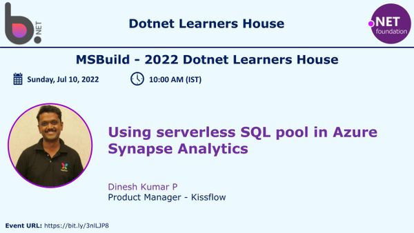 vishipayyallore's tweet photo. Greetings. Please join @Dinuswt22 for (MSBuild 2022 After Party) "Using serverless SQL pool in Azure Synapse Analytics" at 10:00 AM IST on 10-Jul-2022. Please register at https://t.co/aVt1q5RYJ6

Other Speakers: @AnushaB84179713  @i_am_jagadesh  @robertomasymas @vishipayyallore https://t.co/KGOBG7AkGV