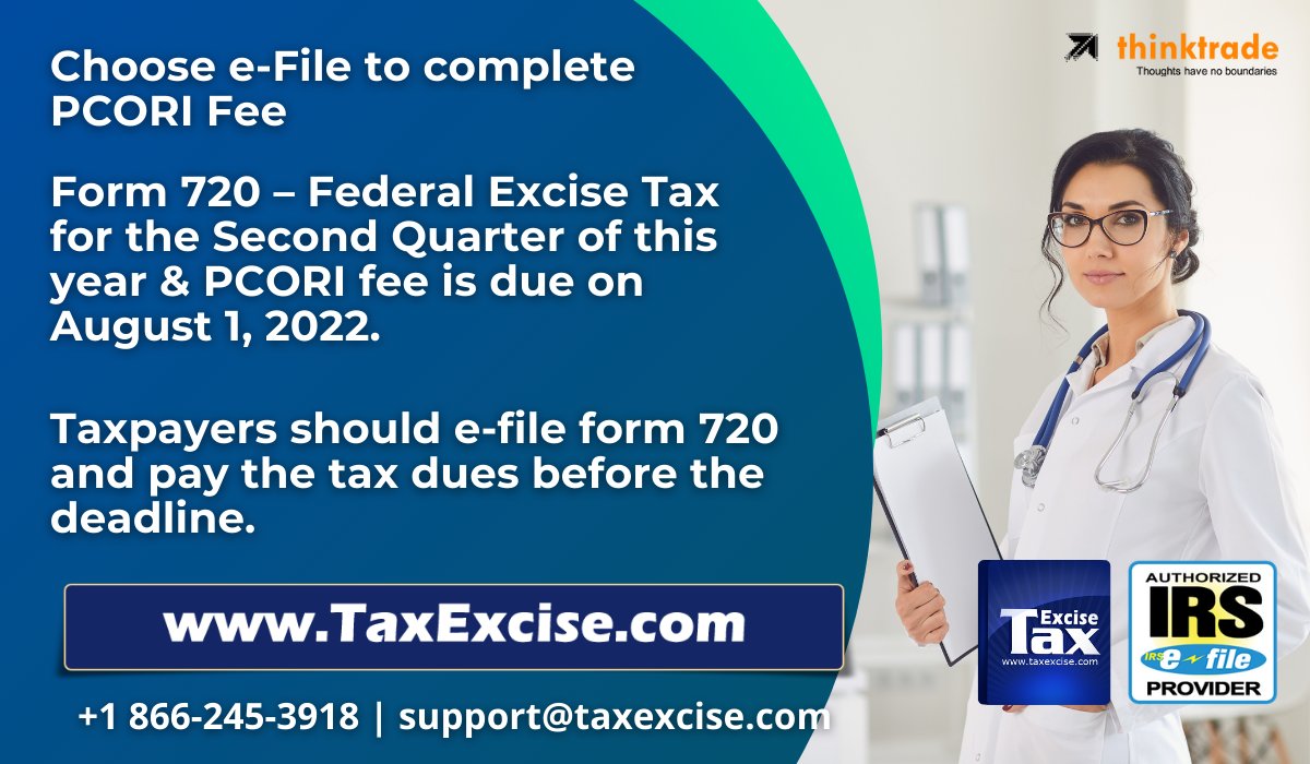 Taxexcise's tweet image. Federal exercise tax form 720 for the second quarter of this tax year is due on August 1, 2022. The annual PCORI fee that is paid using Form 720 in the second quarter is also due on August 1, 2022. More visit at: taxexcise.com/ExciseTax/Form…
#form720 #form720efiling #federalexcisetax