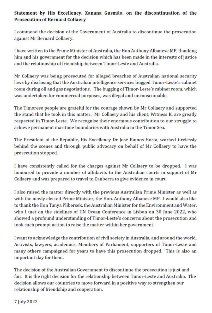 Statement from Xanana Gusmao regarding the Australian Government’s decision to cancel the prosecution of Bernard Collaery
