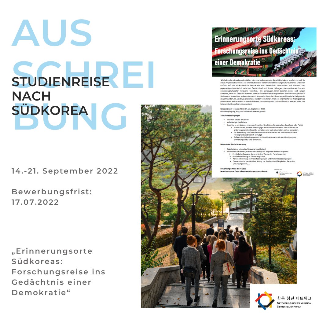 dkjnetwork's tweet photo. Wir suchen junge Menschen zwischen 18 und 27 mit ausgeprägtem Koreainteresse und Expertise in Geschichte, Koreastudien, Soziologie für eine Studienreise: 

Ausschreibung:
https://t.co/67s20zF0Os

Kurzbeschreibung:
https://t.co/rU9SLw2MeN https://t.co/IqbJh8cLuj