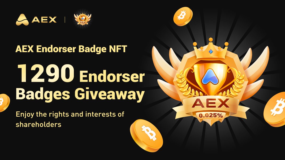 🍻Shareholder Badge NFT Fragment upgraded to AEX Endorser Badge NFT, enjoying shareholder interests.
🔗More details: bit.ly/3IjdRfJ

🎁5 ppl to share $200 on July 11, 2022
📌Tasks:
1⃣Follow <a href="/Aexglobal/">AEX</a> 
2⃣Like, RT&amp;tag 3 friends.

#NFTGiveaway #Airdrop #Giveaway
