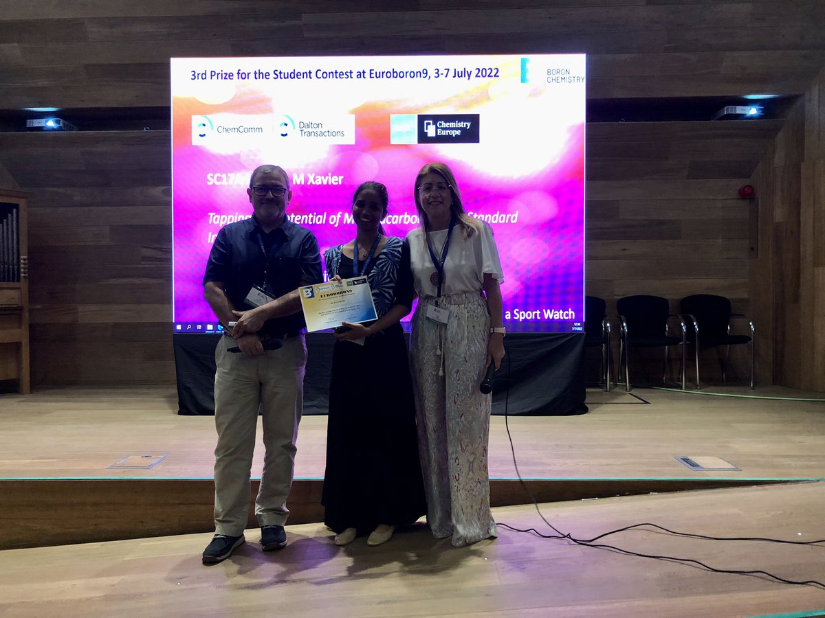 Euroboron9's tweet photo. 🥉 Big congratulations to Jewel A M Xavier for winning the 3rd oral presentation prize at the #Euroboron2022 #Euroboron9. Her talk focused on “Tapping the potential of Metallacarboranes as Standard Internal Reference” @IcmabCSIC https://t.co/MQwlK0O8ub