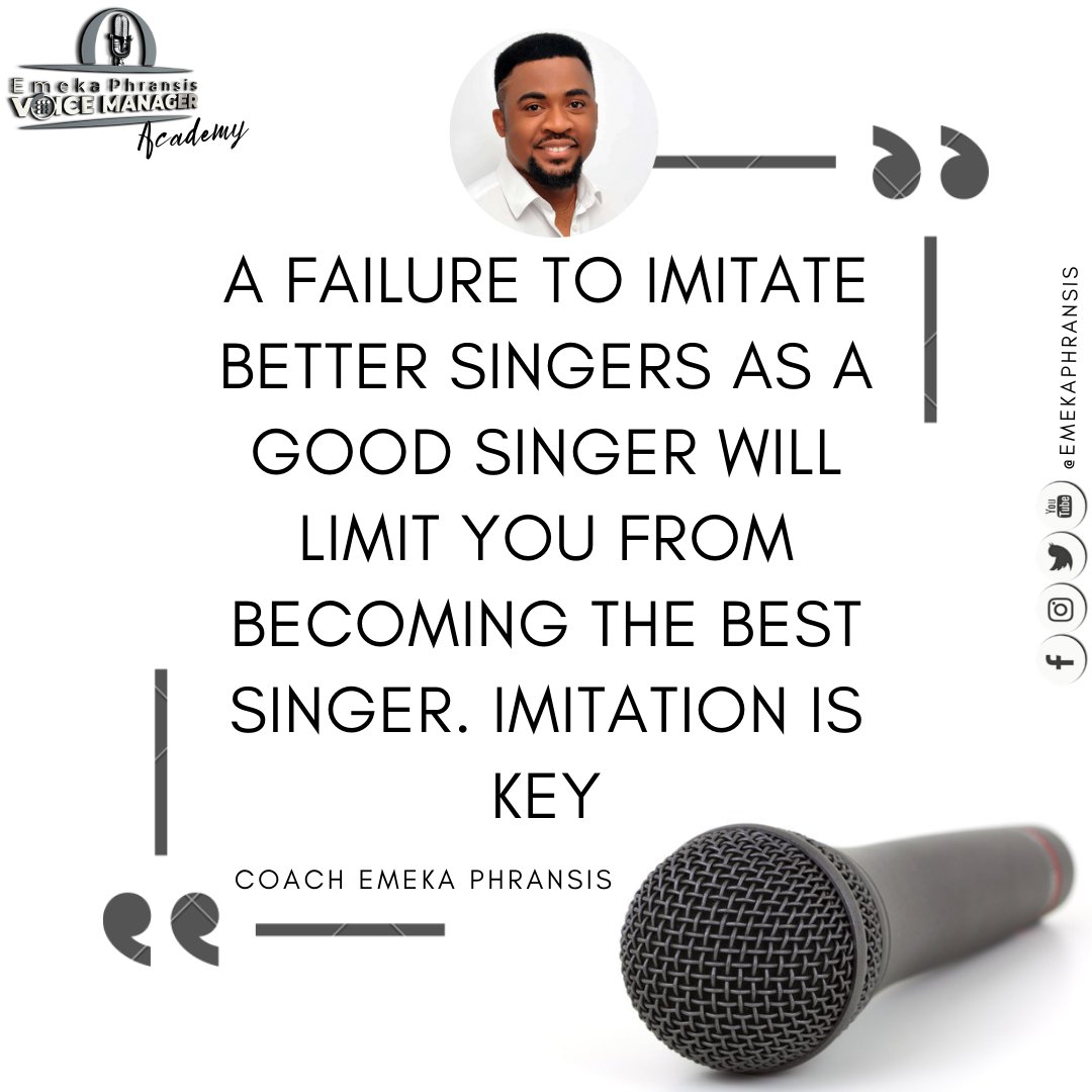 emekaphransis's tweet photo. "A Failure to IMITATE a BETTER SINGER as a GOOD SINGER will limit you from becoming the BEST SINGER🎙🎶" ~ Coach @emekaphransis

@emekaphransis
@VOICEmanager1 

Train with us today and see your singing improve greatly. See the flyer for more details https://t.co/S7OSgtzxmo