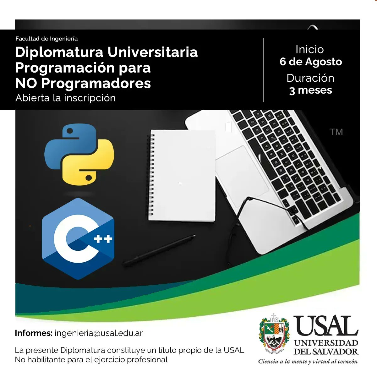 USAL_Ingenieria's tweet image. Web 👉 diplomaturas.usal.edu.ar/programacion-p…
Instagram 👉 LINK EN LA BIO
Entrá al mundo de la programación a través del aprendizaje de Python y C++
#USALIZATE #cursodeprogramacion #coding #programacion #programador #python #c++ #aprendeprogramacion #informatica