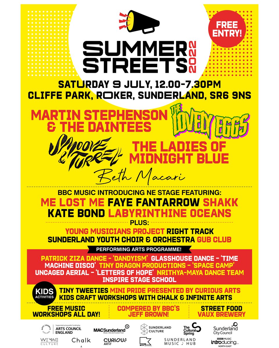 👀 Sunderland's <a href="/summerstreets_/">Summer Streets</a> Festival returns this weekend! It is a fantastic, family-friendly, free event. If you can, pop down to enjoy some great music. Just look at that line up!