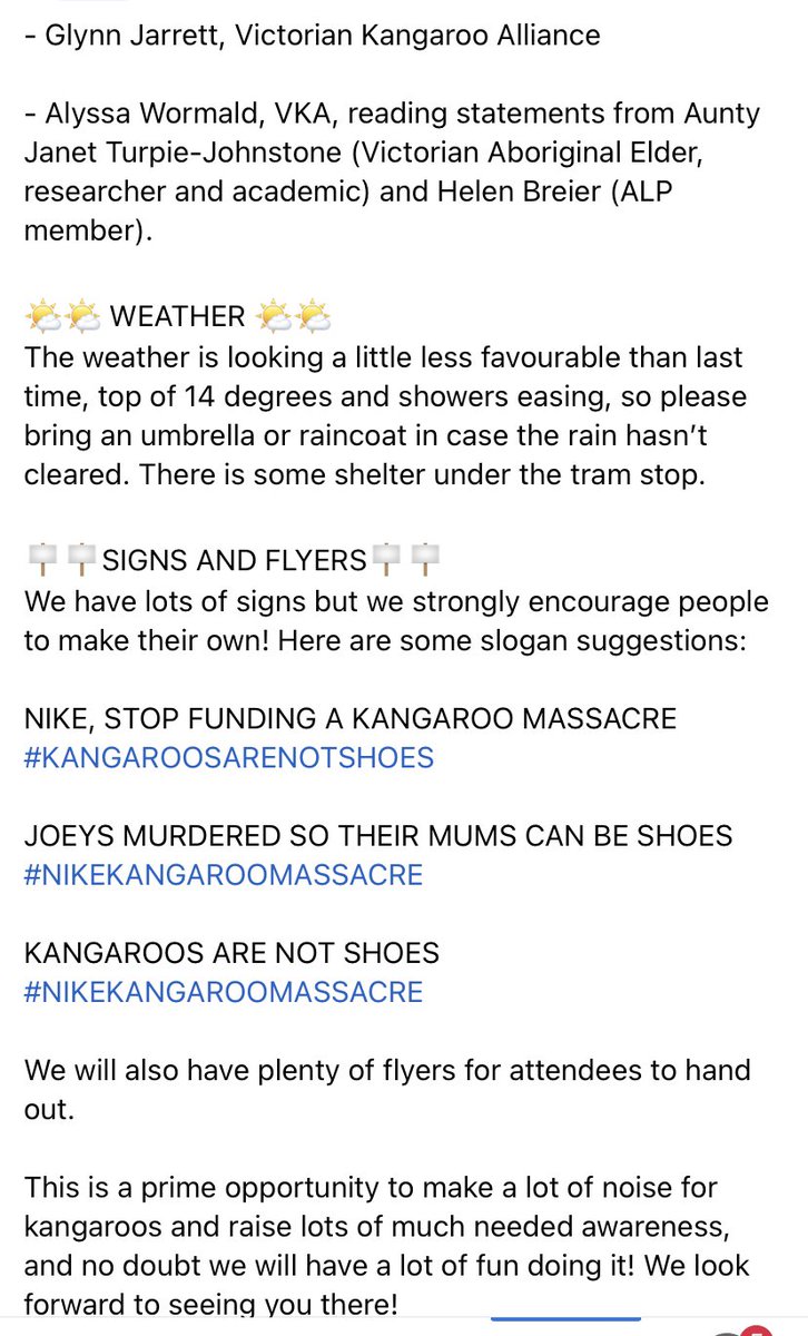 🦘IMPORTANT RALLY UPDATES🦘

⚠️SLIGHT TIME CHANGE⚠️
Due to circumstances beyond our control we need to start an hour early - 10am. We apologise &amp; hope everyone will still attend. Speeches will end by 11am but many VKA members will remain active until around 1pm raising awareness.