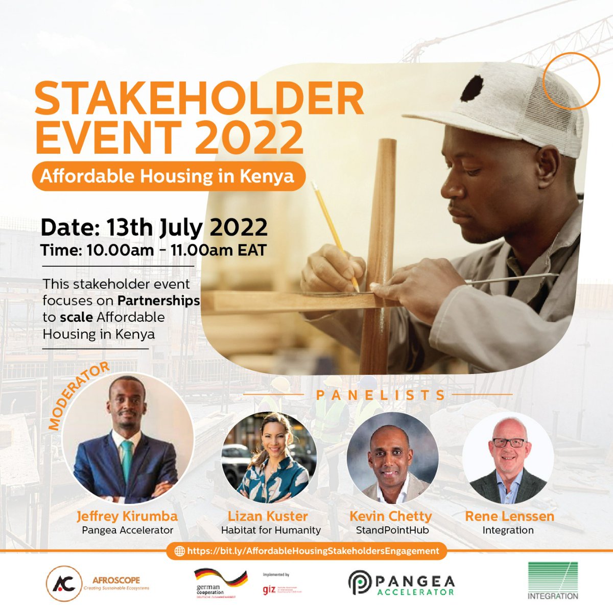 Pangea Accelerator in Partnership with Integration and Afroscope invites you to the Stakeholder Engagement Event dubbed 'Partnership to scale Affordable Housing in Kenya' happening on Wednesday 13th July 2020 on zoom from 10:00 - 11:00 am EAT.
Link: bit.ly/AffordableHous…