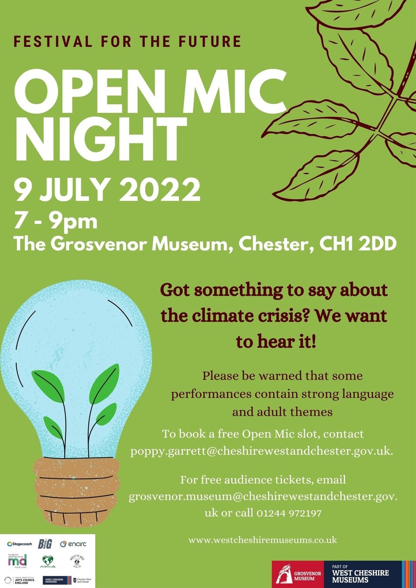 cwacmuseums's tweet photo. This lineup is looking so good!! 😍 

Greta Thunberg remixes, drag act raps, cli-fi readings, dark duologues, stand-up comedy... Who said the climate crisis was boring?!

Tickets still available - call or email Grosvenor Museum to book. https://t.co/hK9l0qi0bN