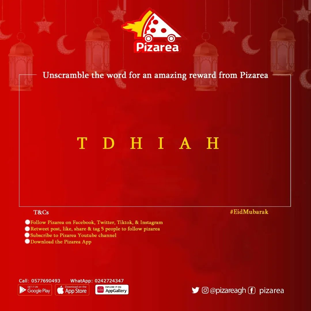 pizareagh's tweet image. Eid came early on Pizarea.com🥳🥳.amazing prices to be won.WINNER WILL BE PICKED AT RANDOM. 
T&amp;amp;cs
📌Follow pizarea on FB, Twitter, IG, Tiktok
📌Retweet post, like ,share 
📌Subscribe to Pizarea YouTube channel 
📌Download the pizarea app.

 #eid2022 #ramadan #pizarea