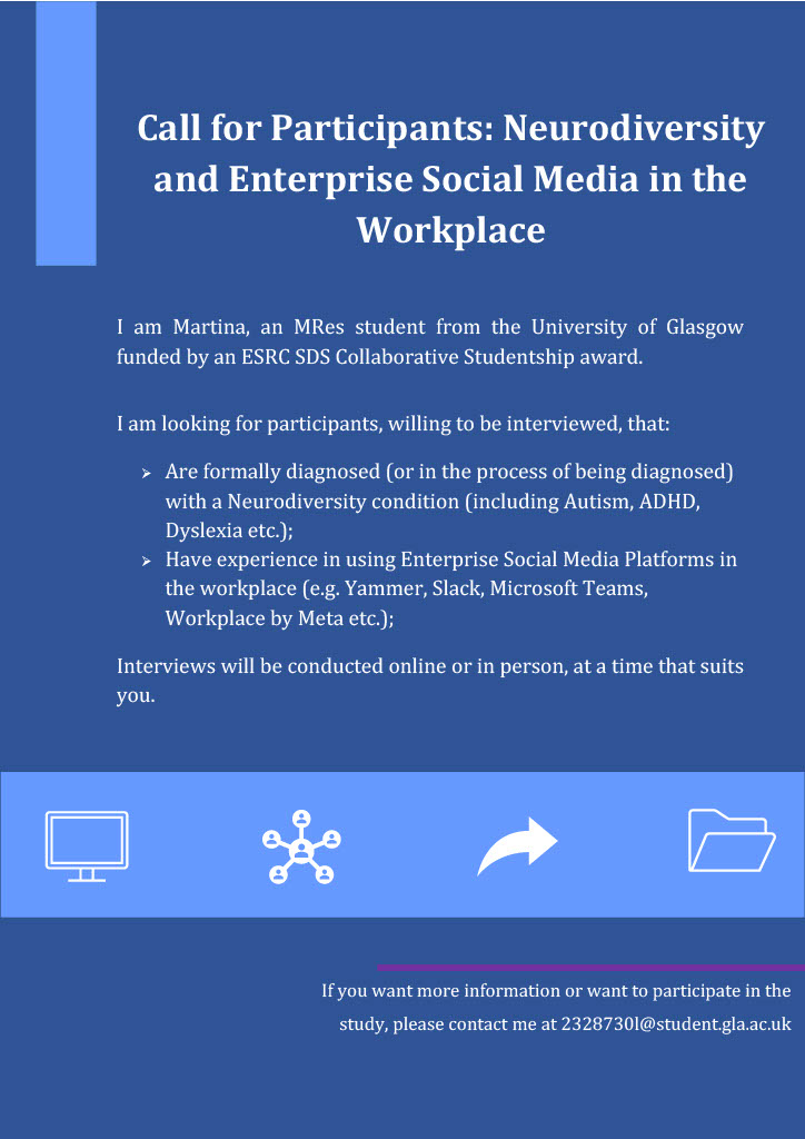 Call for participants for my MRes dissertation on #neurodiversity and #enterprisesocialmedia in the workplace.

#neurodiversityinworkplace #equalityanddiversity #autism #ADHD #dyslexia #neurodiversityinbusiness