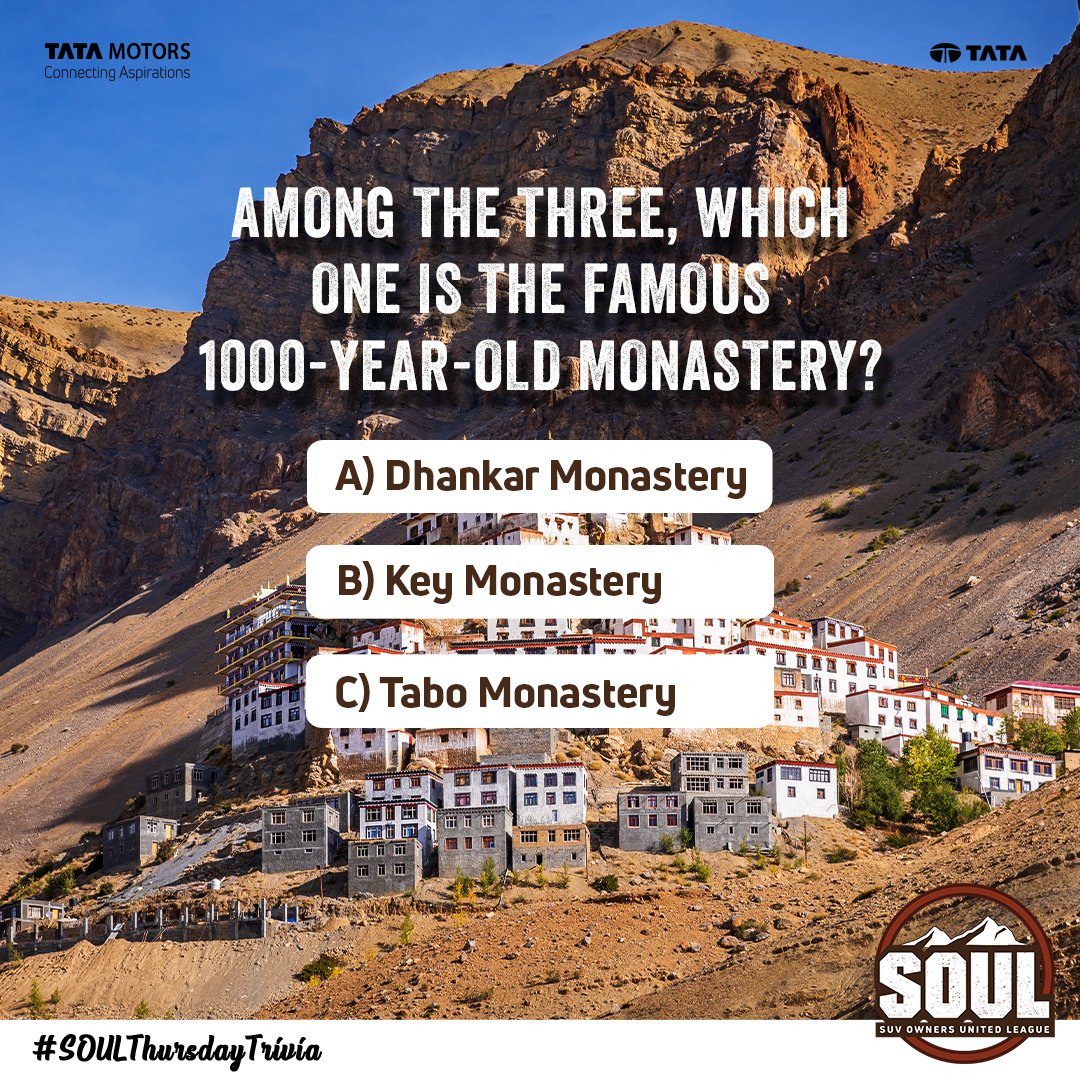 TataMotors_Cars's tweet image. Get ready as #SOULThursdayTrivia is back in full swing! 💭

Let’s see if you can guess the right answer, comment below. 🤔

Hint – This is the largest monastery in Spiti Valley.
 
#DriveWithSOUL #ConnectWithSOUL #AboveAll #TataHarrier #Harrier #ReclaimYourLife #TataSafari #Safari