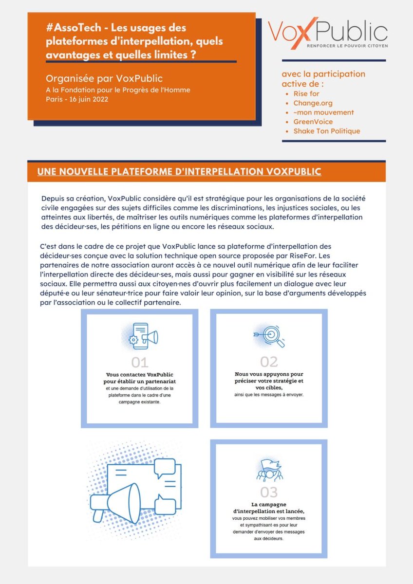 VoxPublic_'s tweet photo. Découvrez le nouveau guide #AssoTech édité par VoxPublic sur « Les usages des plateformes d’interpellation, quels avantages et quelles limites ? » : conseils pratiques, outils innovants et pistes de réflexion ! 📢✊
Pour le guide c’est par ici ▶️ https://t.co/WHYqC5oKH9 https://t.co/qkqhvYo2X0