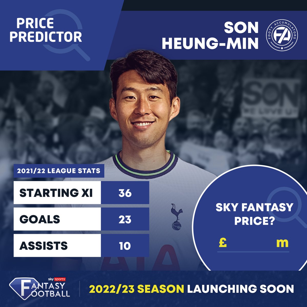 FootyAccums's tweet photo. Son Heung-Min cost £10.8m last season 💰

He won the PL golden boot after an unbelievable season with Spurs! 🇰🇷

SURELY has to be in your new team? 👀

#PricePredictor | #Ad https://t.co/R9VoYL1V38