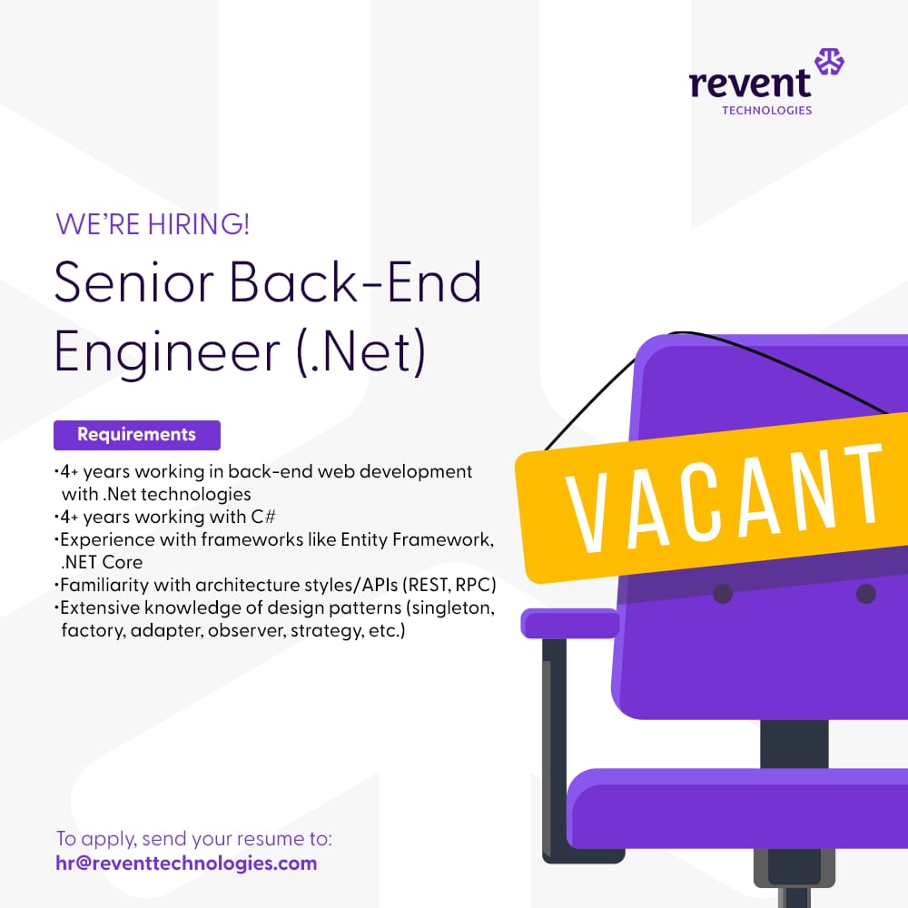 ReventTech's tweet photo. We are hiring!
We are looking for a Senior .Net Backend Developer 📢
Individuals with no shorter than 4 years of experience minimum can apply.
Send your CV to
hr@reventtechnologies.com
Best of luck.
Pls RT!
#backenddev #hiring #jobs #software #techengineer #tech #developer https://t.co/WtG05ciIba