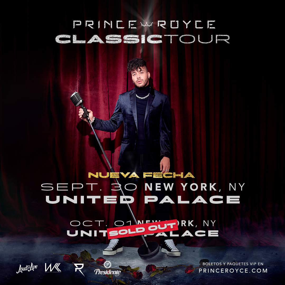 PrinceRoyce's tweet photo. Roycenatic@s! El primer concierto de mi Classic Tour en New York está sold out 🙏🏼🙌🏼 Agregamos una segunda fecha el 30 de septiembre. Boletos a la vente MAÑANA y pre-venta para ustedes AHORA con el código “CLASSICROYCE” 🤴🏻 #PRClassicTour https://t.co/mJykFv2sSU