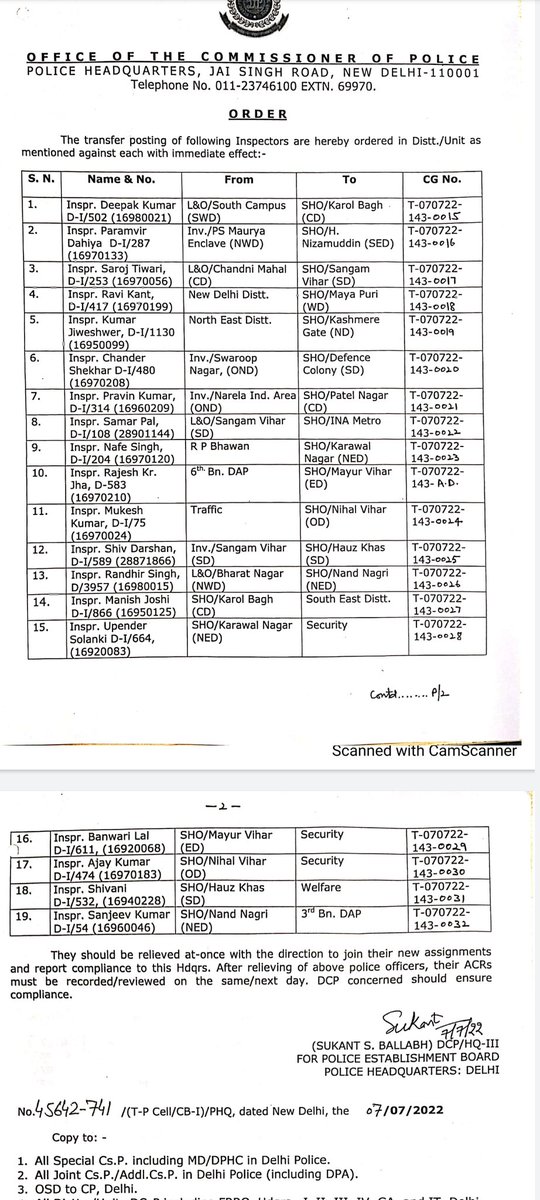 PrashantInsp's tweet photo. दिल्ली पुलिस के कुछ थानाअध्यक्ष के तबादले की सूची I सभी को नई पोस्टिंग के लिए शुभकामनाएं @ANI @BBCHindi @DainikBhaskar @JagranNews https://t.co/Z0UmukqseV